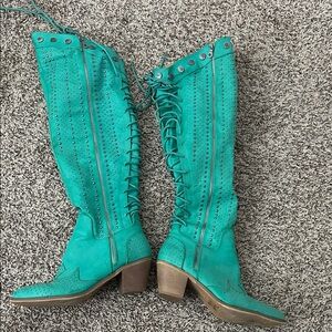 Turquoise Knee-High Lace-Up Boots